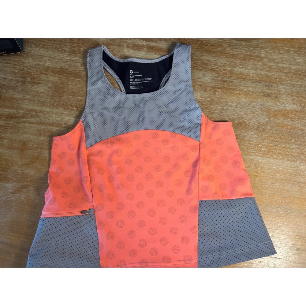Oiselle Womens Running Tank Top Coral Grey Polka Dot Mesh Racerback Size S/M